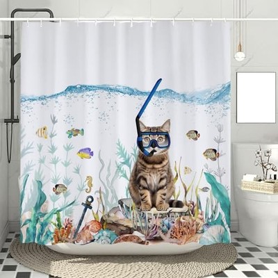 Funny Cat Shower Curtains for Bathroom, Summer Under The Sea Ocean Shower 
