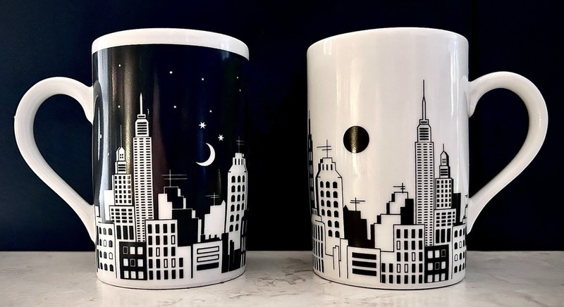 Vintage Botticelli Design NYC Skyline Mugs Set Day & Night Black White Ceramic