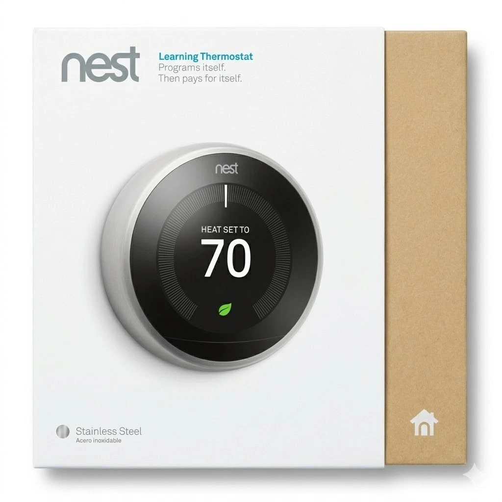 Google Nest Learning Thermostat Programs itself Stainless Steel T3007 ES New
