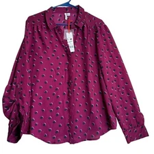 ELLE Long Sleeve Scallop Trim Blouse Magenta Dot Print Size XL