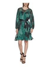 CALVIN KLEIN Womens Green Button Closure Long Sleeve A-Line Dress 4