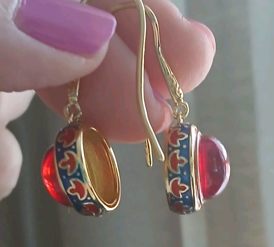 Ruby Red Glass  Cloisonne Dangle Drop Pierced Gol… - image 13