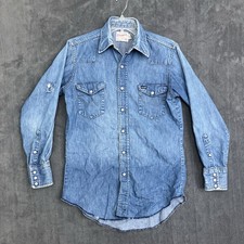 VTG 70s Wrangler Denim Pearl Snap Shirt Men Small 15x32 Blue Jean Western ISSUES