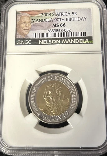 2008 South Africa 5 Rand Nelson Mandela's 90th Birthday Coin NGC MS66
