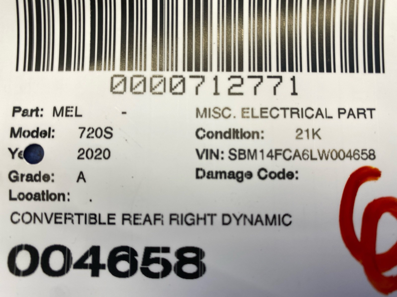 2018-2023 MCLAREN 720S CONVERTIBLE REAR RIGHT DYNAMIC LIFT FLAP ARM MOTOR OEM