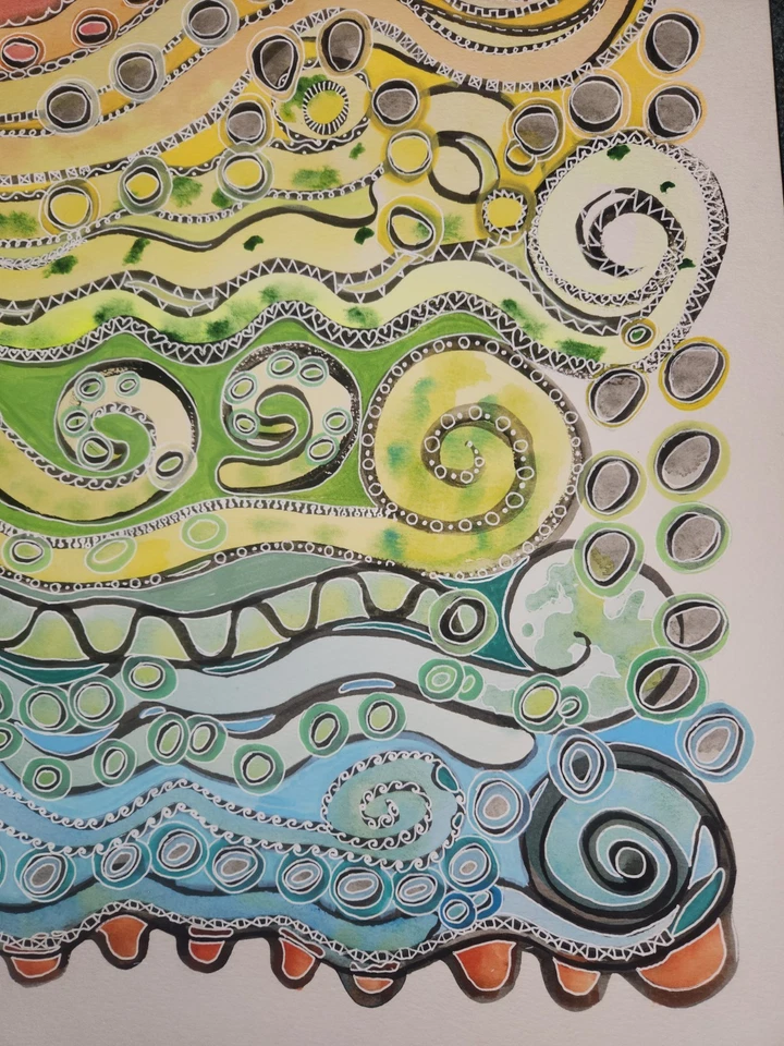 Serpientes y tentáculos - Acuarela abstracta original con detalles de acrílico y tinta Foto 3 de 4