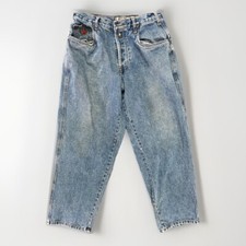 VTG. MEN'S BUGLE BOY BAGGY TAPERED LEG BUTTON FLY Med WASH JEANS 34x30 Read