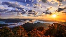 Landscape nature mountains sunset trees forest sunlight Custom Gaming Mat Desk