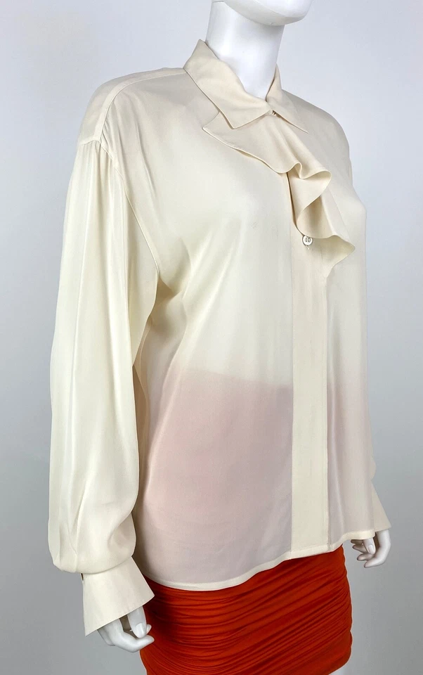 Escada 10 US 46 IT 40 D M Cream Silk Sheer Blouse Dress Top Button Runway Auth — 第 3/4 张图片