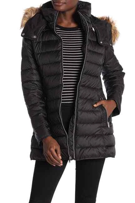 Andrew Marc Eleanor Zip Up Faux Fur Lined Coat,Black,large | eBay