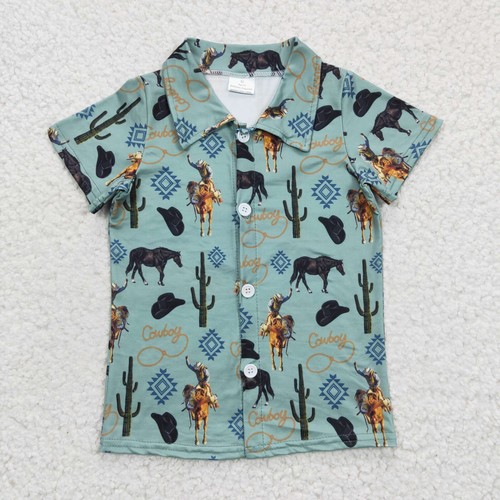 Western Baby Cowboys Toddler Summer Short Sleeve Button-Sown Shirt Top Tee - Picture 13 of 16