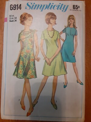 1966 Simplicity #6914 Miss Sz14/34"B Semi-Flare, A-line Dress, Round  Neckline | eBay