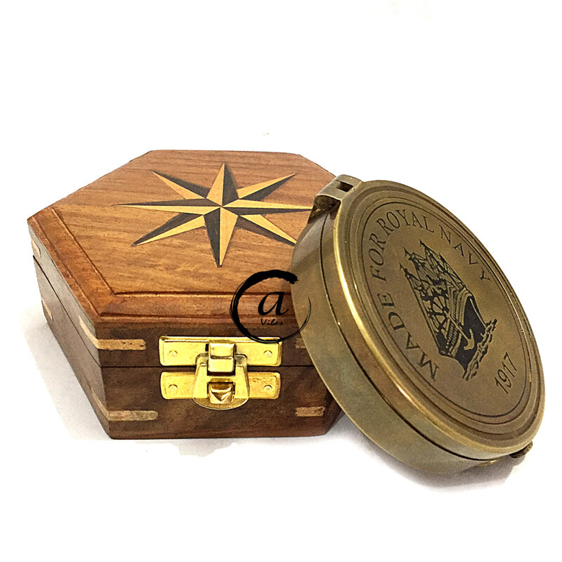 Solid Gift Military/Navy Nautical Antique Brass Finish Compass With Wooden Box .