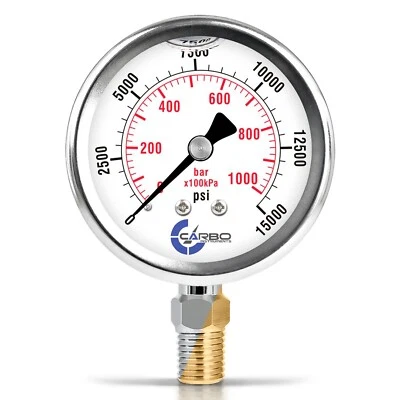 CARBO INSTRUMENTS 2-1/2" Pressure Gauge, Stainless Steel Case, Liquid Filled, Lower Mnt 15000 PSI