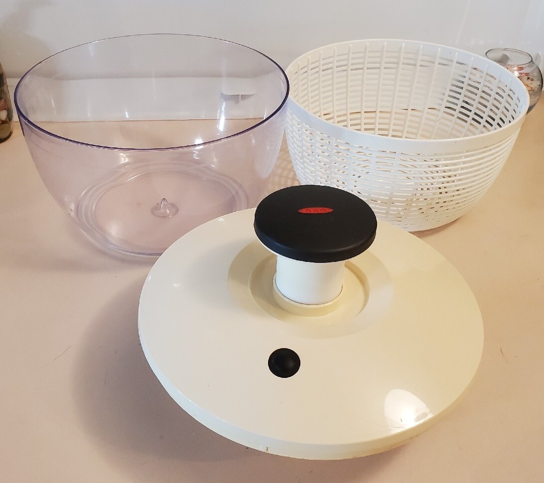 OXO Salad Spinner. White top with clear bowl. Tested works. Used, excellent cond-image