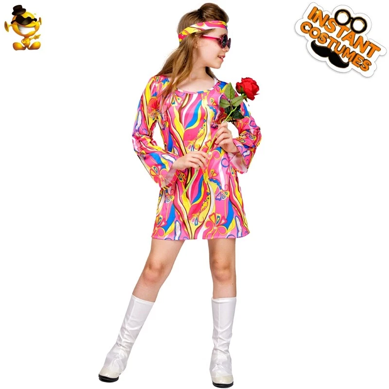 Niñas Colorido Vestido Hippie Años 60 70 Bailarina Moda Hippy Disfraz para Fiesta Foto 3 de 4