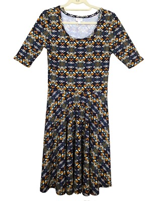 LulaRoe Short Sleeve Dress Black Gold Aztec Design Flare Skirt Size Large NWT