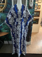 Vintage TROPICAL EVE HAWAII Caftan Kaftan Mumu Dress Blue Tiki Oasis Aloha OS