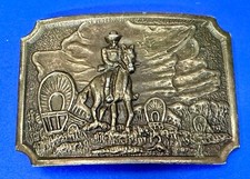 Tall In The Saddle Western Cowboy Horse Wagon Art Scene Brass Tone Belt Buckle