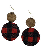 Red/Black Buffalo Check Earrings Wood Dangle/ Fishhook Textured Lightweight NEW