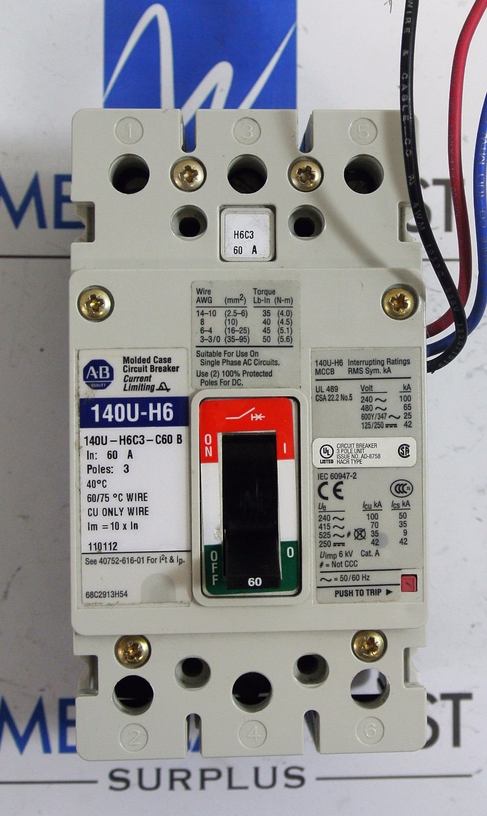 Allen Bradley Breaker 140U-H6C3-C60 60 amp 3 pole 600v with 140U-H-EA1 ...