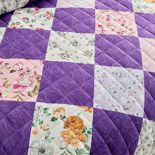3 Pieces Flannel Floral Patchwork Quilt Set Queen, Argyle Plaid Flowers Purple D - Picture 6 of 12