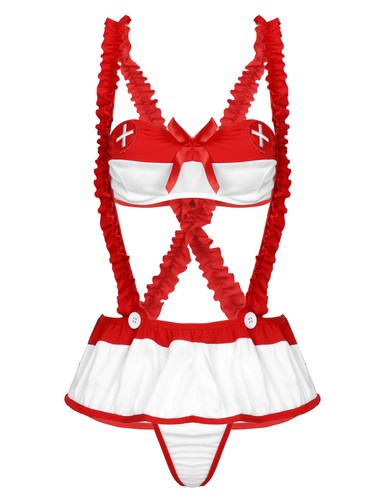 Nurse Cosplay Uniform Cupless Bra Top Costume Babydoll Dress Lingerie Bodysuit - Picture 97 of 139