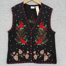 Bobbie Brooks Cardinal Sweater Vest Embroidered Bird Pinecone Holiday Sz L