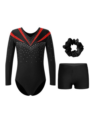 Kids Girls Leotard With Shorts Competition Bodysuit Long Sleeve Dance Outfit - Picture 47 of 57