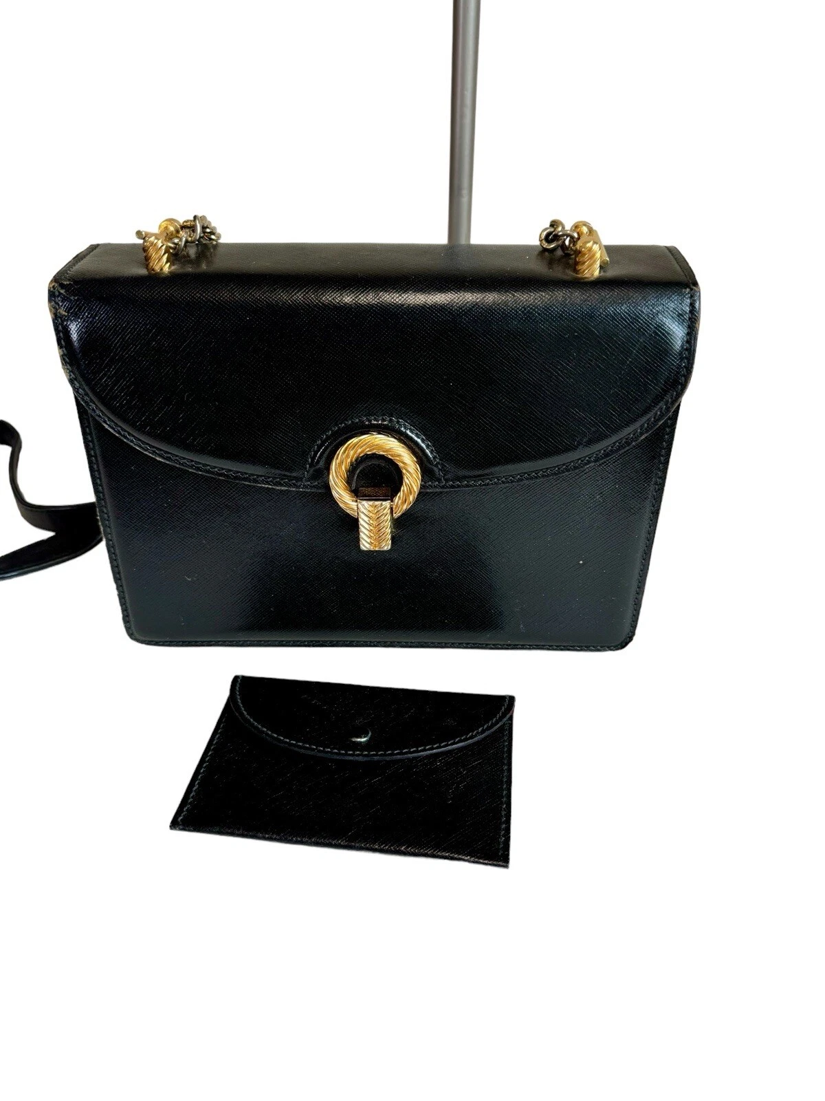 GUCCI BAG &Matching Coin WALLET Vintage Square black leather Red Lining 9” 9” 3”