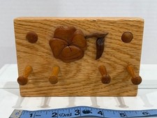  Fronk Studio Wood Wall Peg Rack 4 Hooks Carved Flower Rustic Country Decor