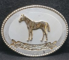 XA19125 AWESOME VINTAGE 1970s HORSE ANIMAL ARTWORK MENS SILVERTONE BELT BUCKLE