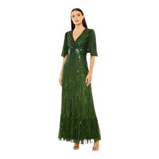 Mac Duggal Women Long Flutter Sleeve Deep V Ruffle Hem Sequin Gown Green Size 6