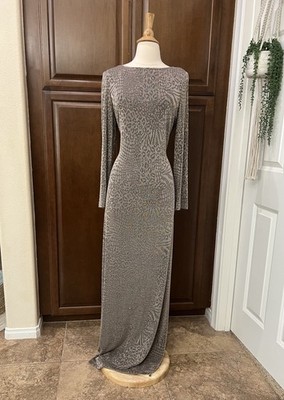 Vtg 90 s Cachet Metallic Animal Print Maxi Formal Gown Open Back Stretchy Taupe