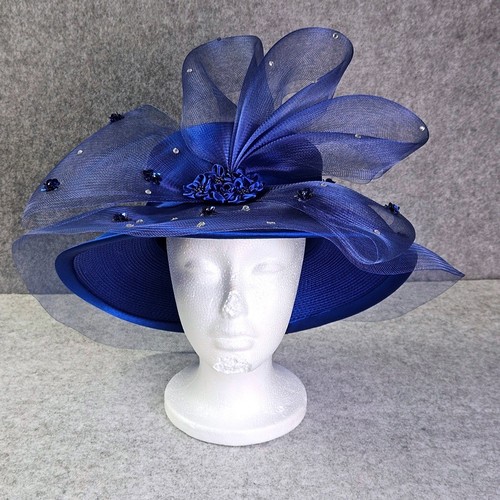 Royal Blue Wide Brim Dress Hat Mesh Floral Rhinestone Church Derby Wedding Hat