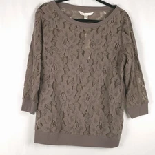 LC Lauren Conrad LARGE Blouse Top Brown Floral Lace Sheer 3/4 Sleeve Round Neck 