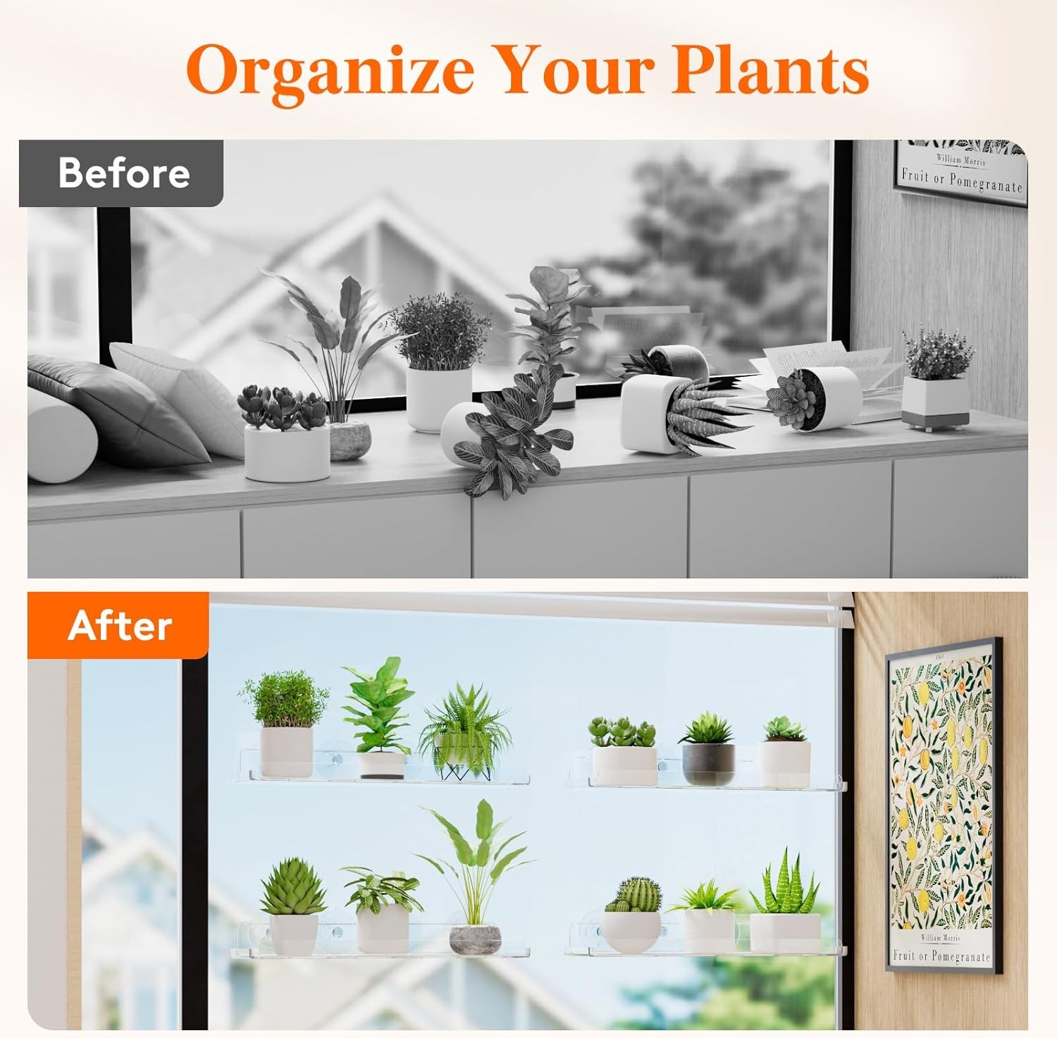 2-Pack Acrylic Window Plant Shelves, 14.6 x 3.6 inch, Suction Cup Sill Extender