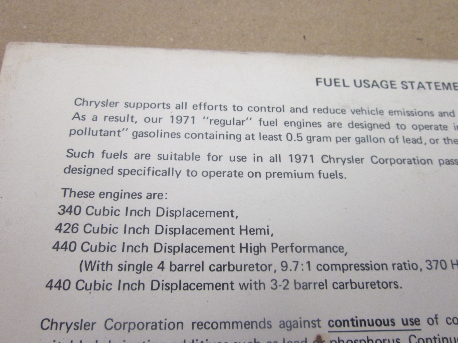 Mopar Chrysler Vintage Literature Fuel Usage Statement  1971 engines