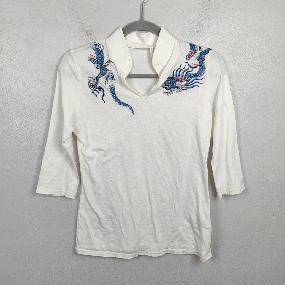 Top bordado vintage Y2K Vivienne Tam Dragon para mujer cuello mandarín mediano Foto 3 de 4