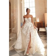 Customized White Side High Split Wedding Dress Strapless Sleeveless Court Train