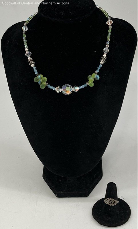925 Sterling Silver Glass Marcasite Jewelry w/ Necklace, Ring 23.87g