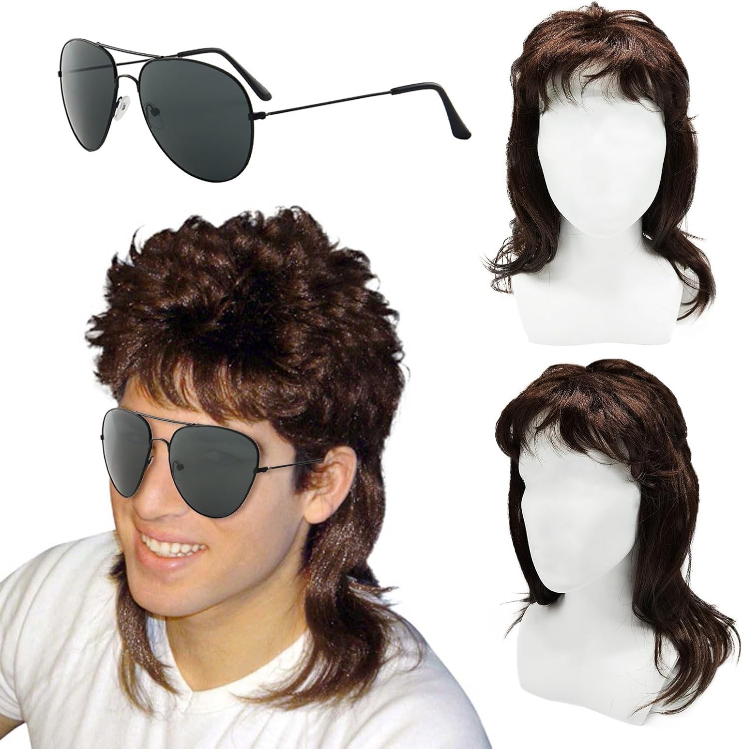 Men's Wig Brown Curly, Mens mullet Wigs Blonde Curly, 70s 80s Cosplay Costume W