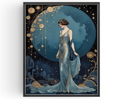 Flapper Girl Art Deco Print 1920s Moon and Stars Vintage Wall Art Poster