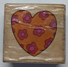 Wood/Rubber Stamp Orange Heart w/Red Daisies