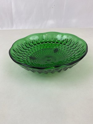 Green Glass Candy Dish/Bowl 3 Footed Raised Hob-nob and Tear Drop Design
