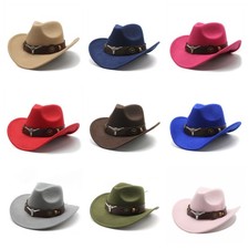 Western Cowboy Hat Cowgirl Cap Wide Brim with Bull Skull Belt for Women and Men