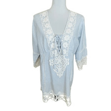 Boho Cotton Tunic Dress with Lace Blue and White Stripe