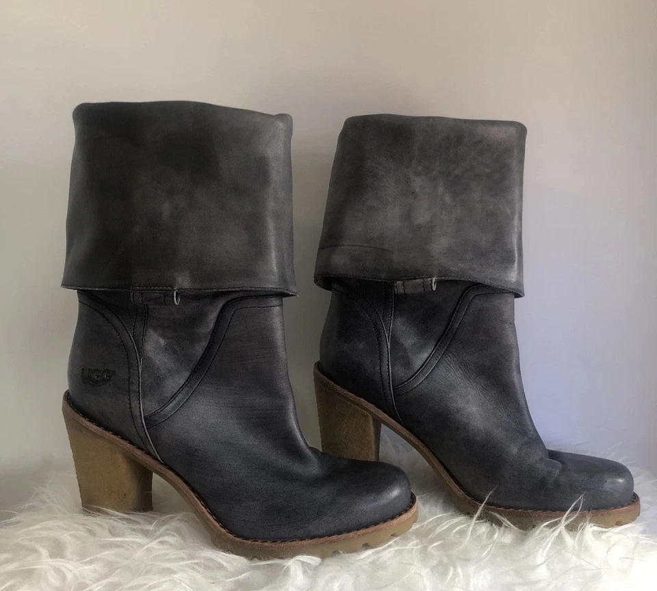 UGG Josie II Convertible Gray Leather Boots Size 8 Chunky Heel Ankle-Knee - Image 4 of 4