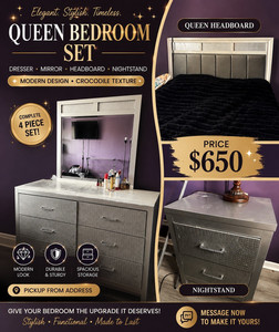 Queen 4-Piece Bedroom Set Silver/Gray Dresser Mirror Headboard Nightstand