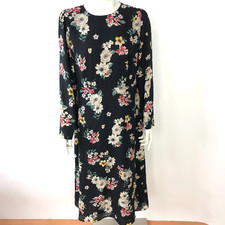 Vince Camuto Medium A-Line Midi Dress Sheer Sleeve Black Floral MINT